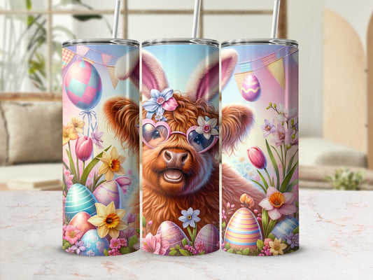 Easter bunny cow with heart sunglasses, surrounded by Easter eggs and flowers.