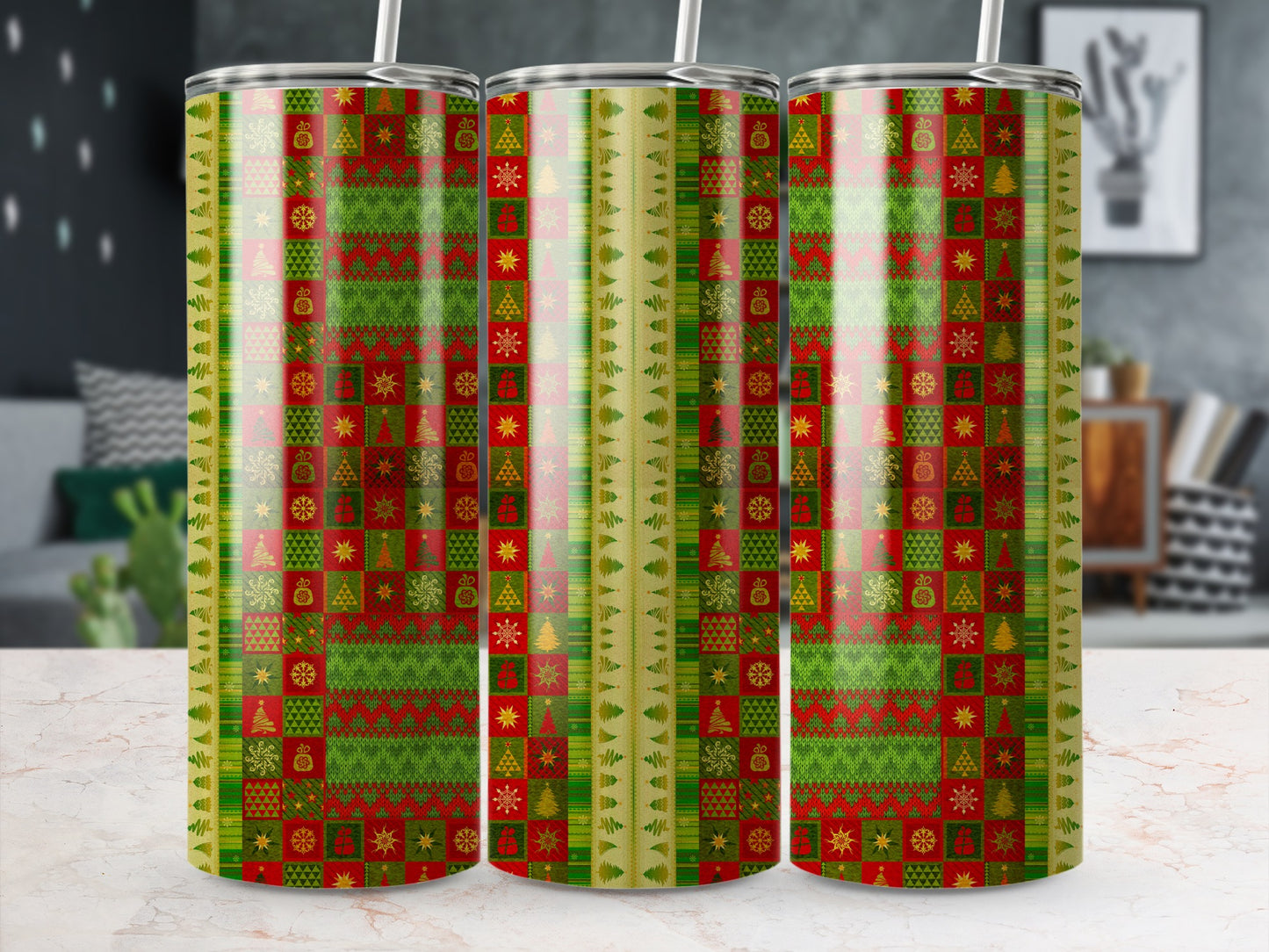 Three tumblers with a red and green knitted Christmas pattern.
