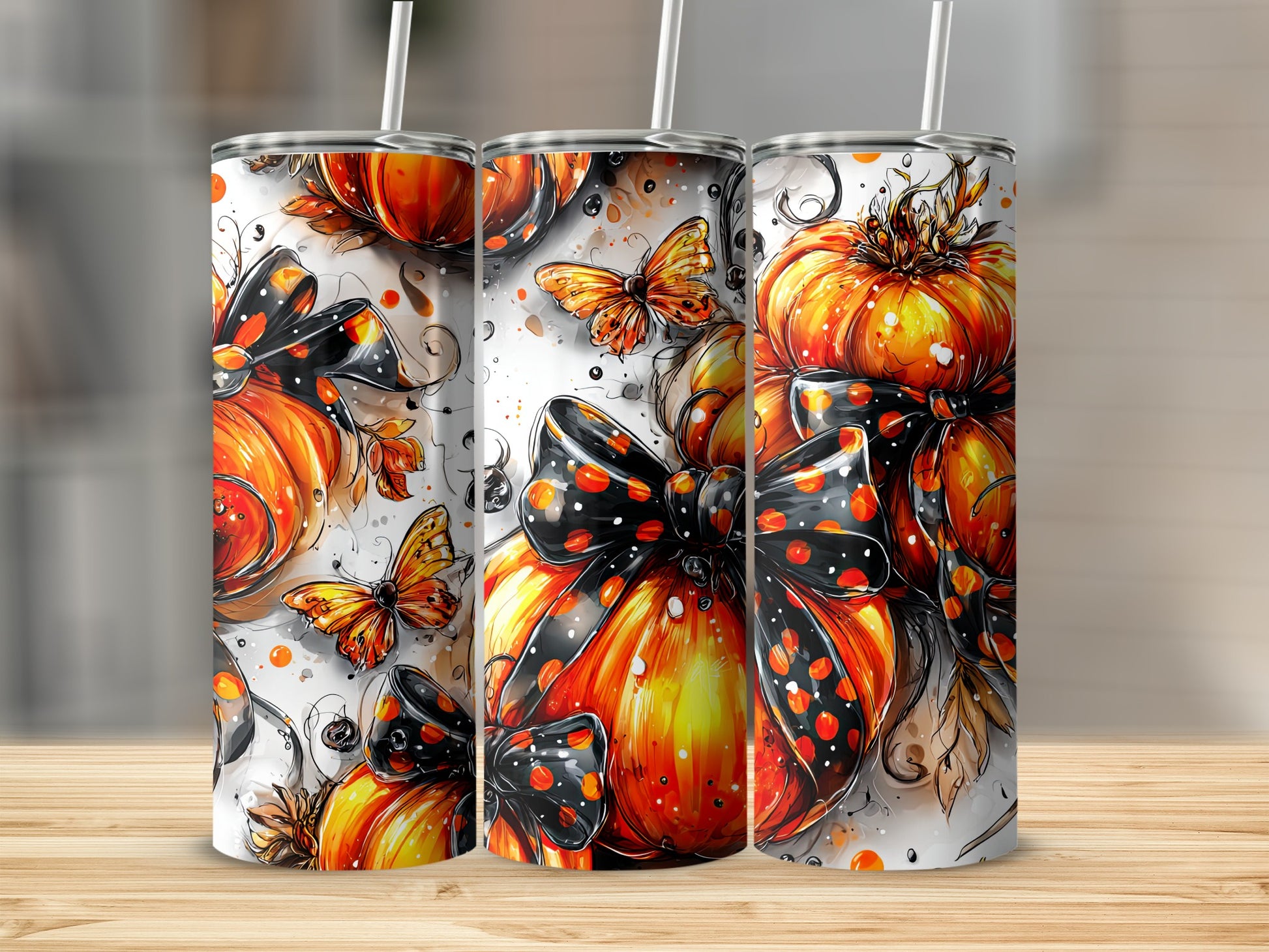 Whimsical Pumpkin and Butterfly Art Tumbler Design