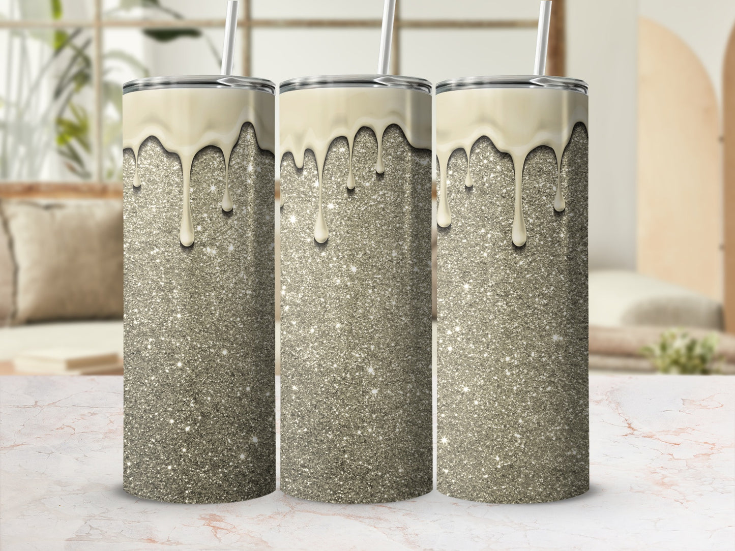 Glittery Tumblers with Silver Top Drip Design