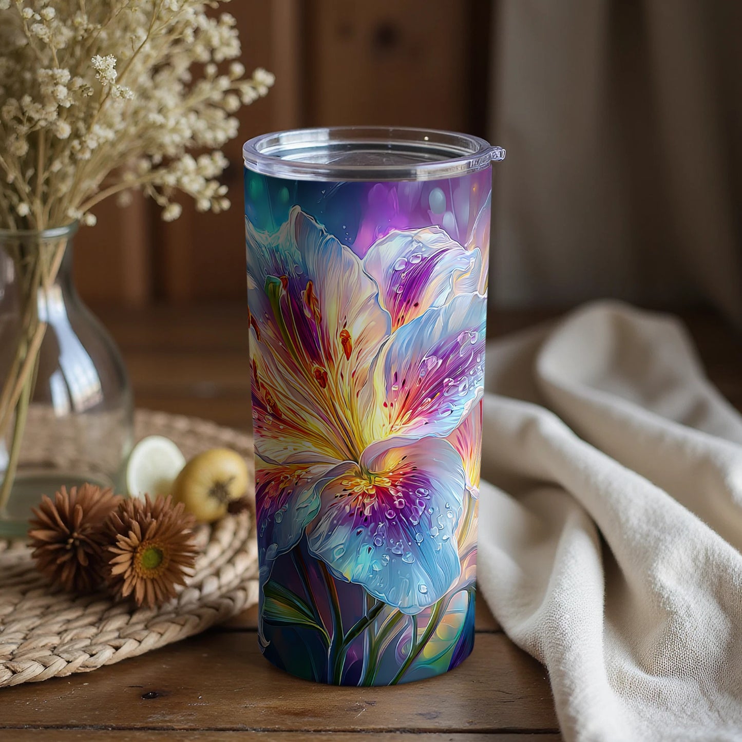 Colorful Floral Tumbler with Splash of Water Drops