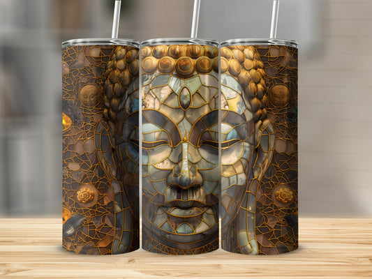 Three tumblers featuring a mosaic of Buddha's face with gold accents.