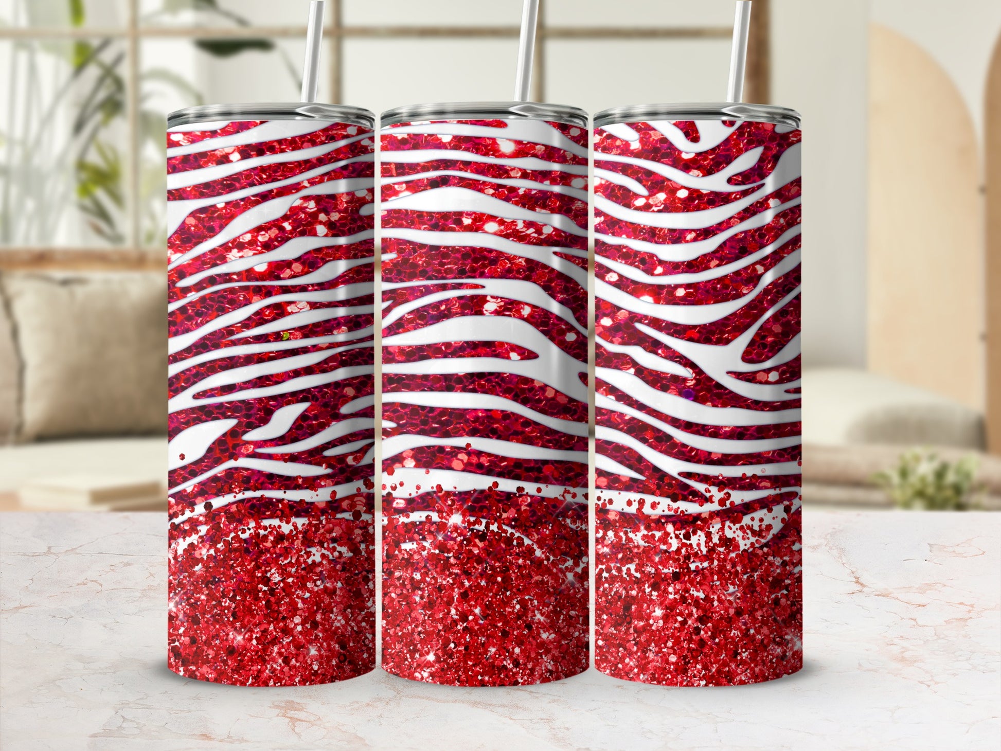 Red Sparkle Zebra Print Tumbler with Straw