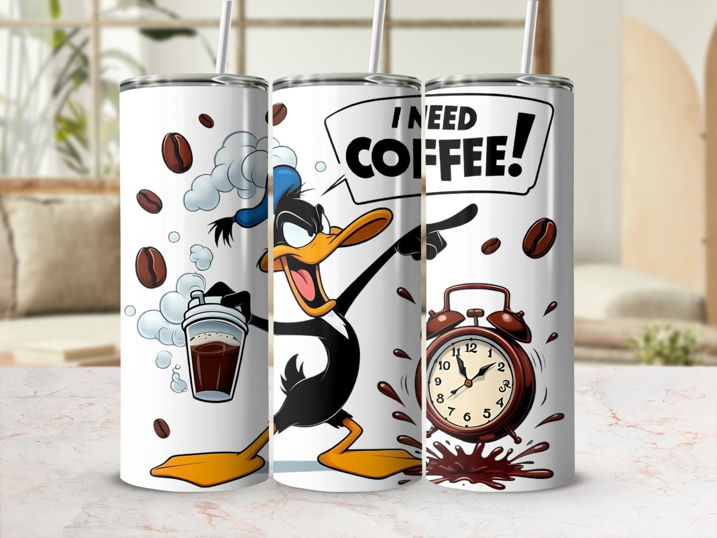 I Need Coffee Cartoon Travel Tumbler with Straw and Lid