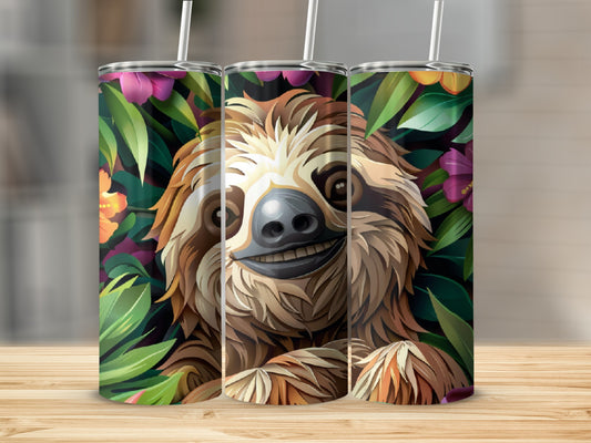 Three tumblers featuring a smiling sloth illustration with a floral background.