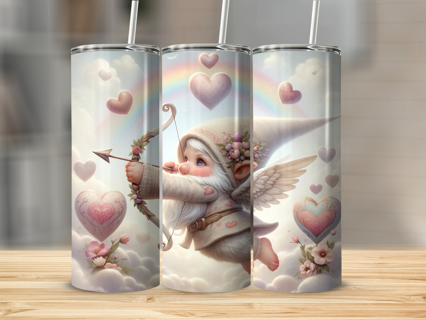 Cute Cupid Gnome with Hearts and Rainbows Tumbler