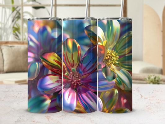 Three tumblers with iridescent floral patterns on a marble surface.