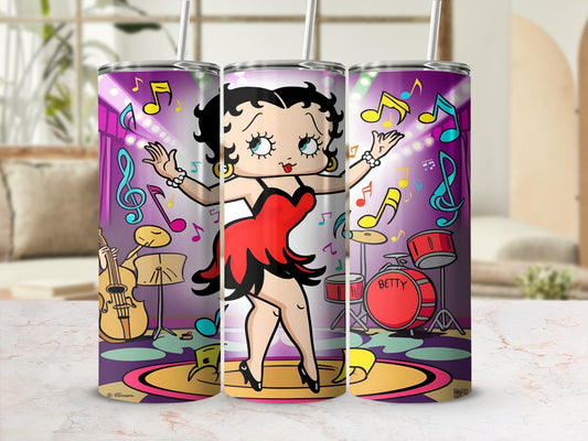 Betty Boop dancing with musical notes, a double bass, and drums.