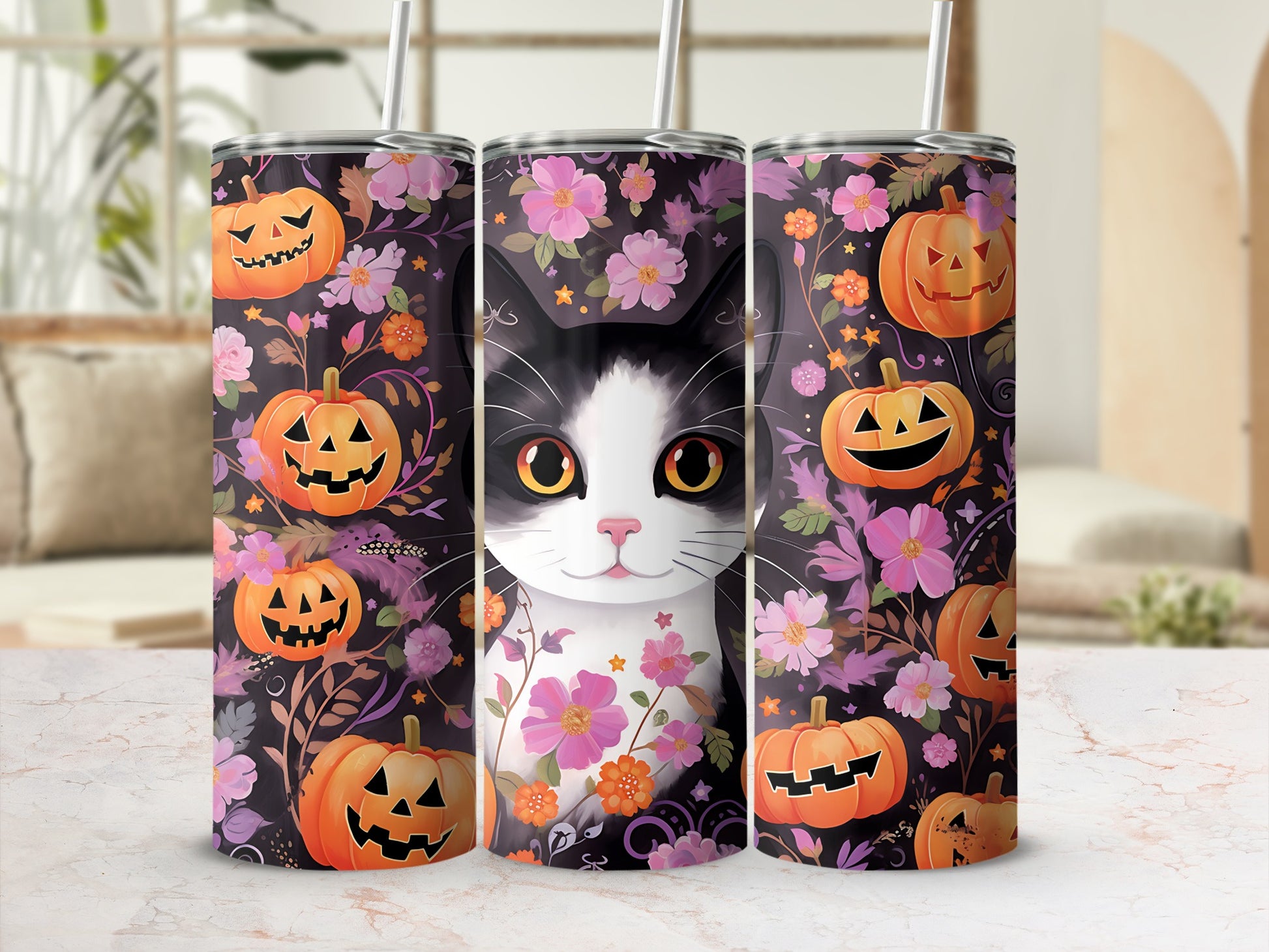 Black and white cat with pumpkins and flowers on a tumbler.