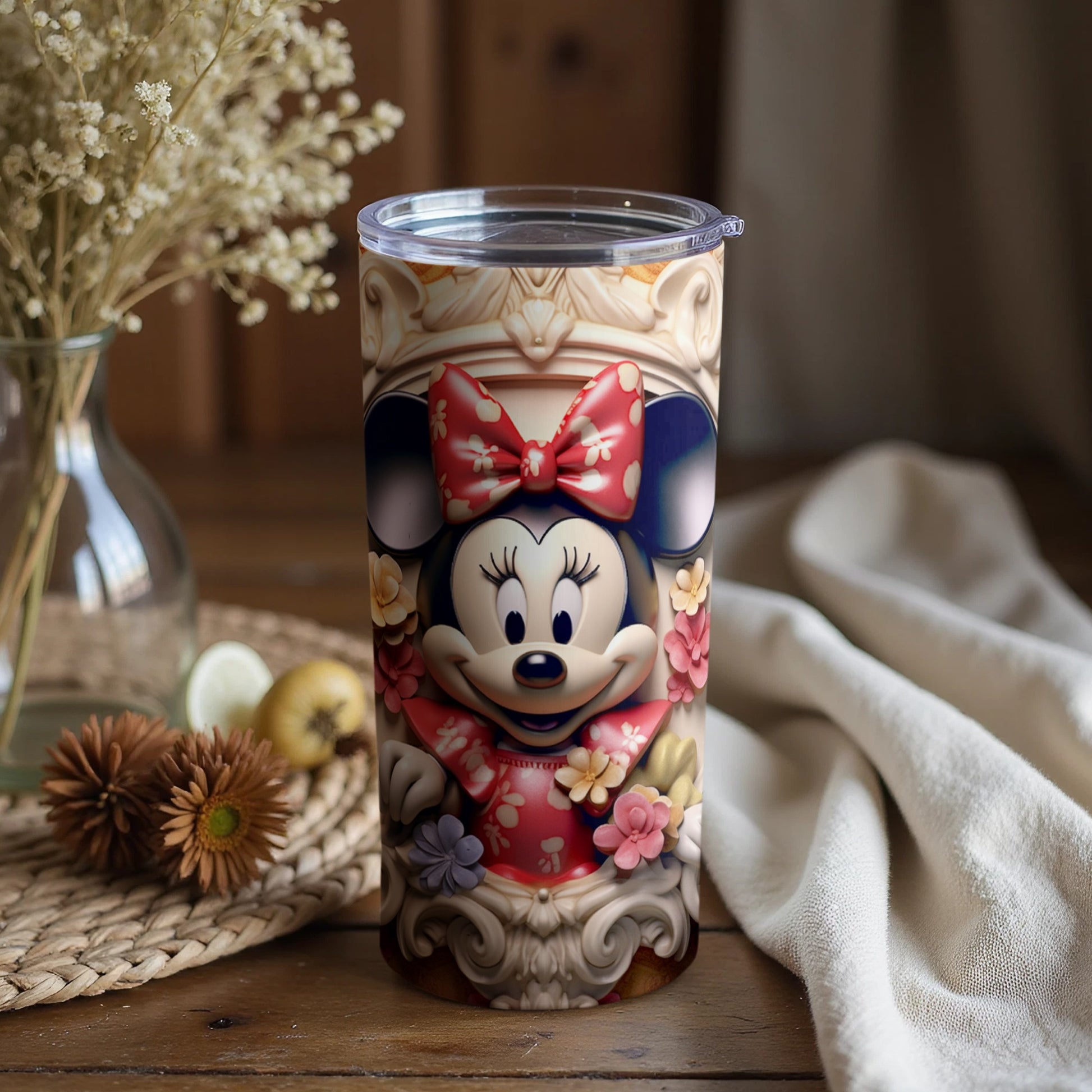Cute Minnie Mouse Floral Design Tumbler with Lid