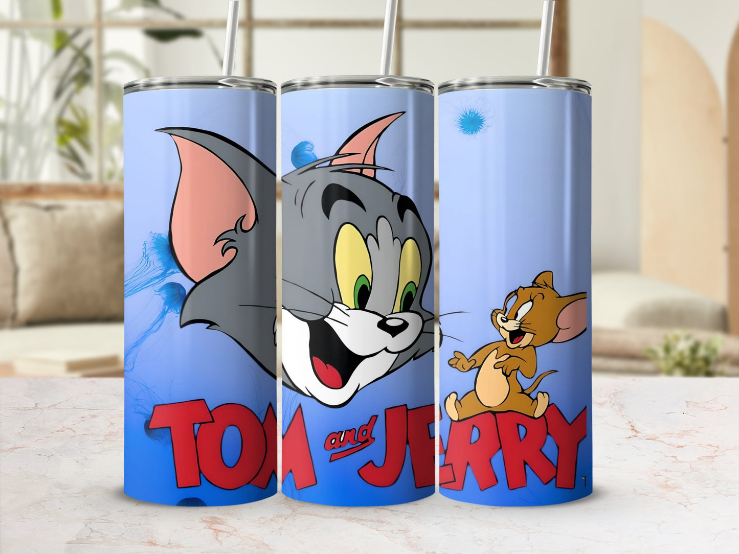 Tom and Jerry Blue Tumbler with Cartoon Print