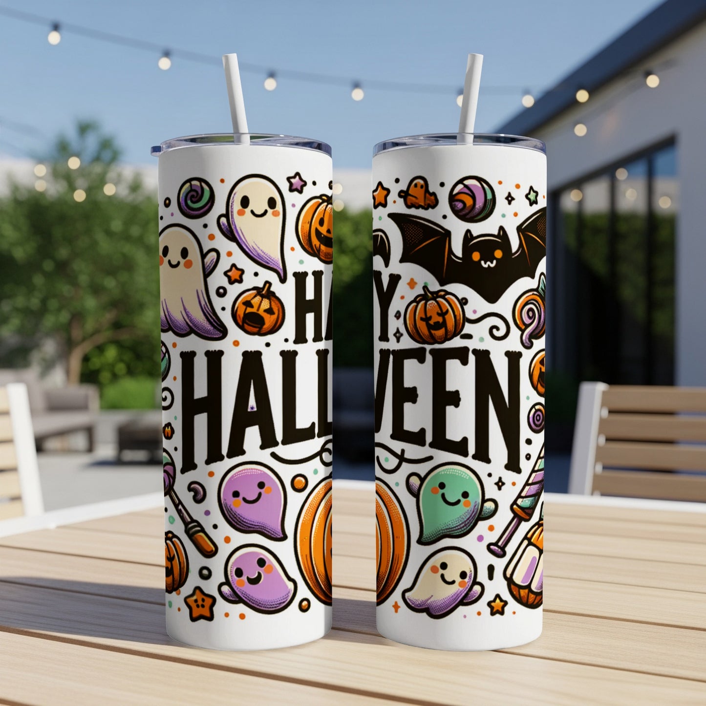Two tumblers with "Happy Halloween" text and cute Halloween graphics, including ghosts, pumpkins, and bats.