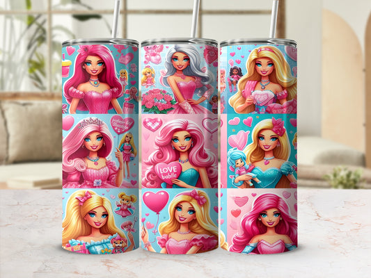 Nine pink Barbie-themed tumblers with glitter, hearts, and bows.