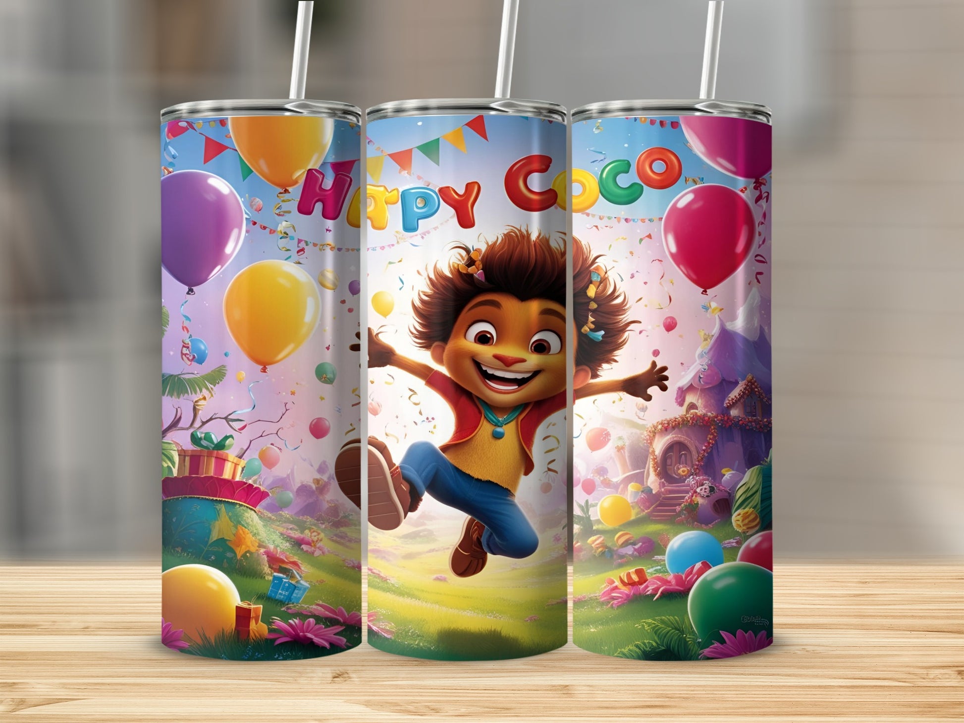 Happy Coco tumbler with colorful balloons and festive decorations.