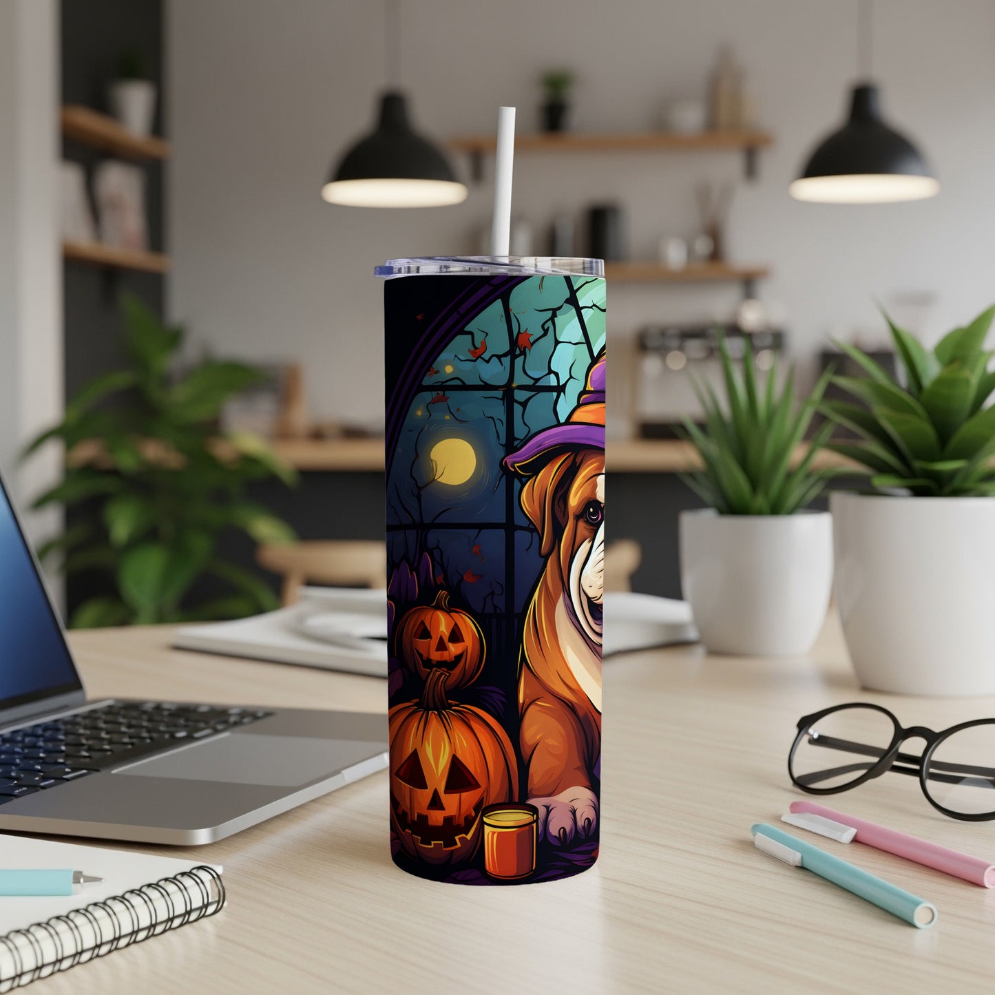 Halloween tumbler with bulldog, pumpkins, and full moon on a dark background.