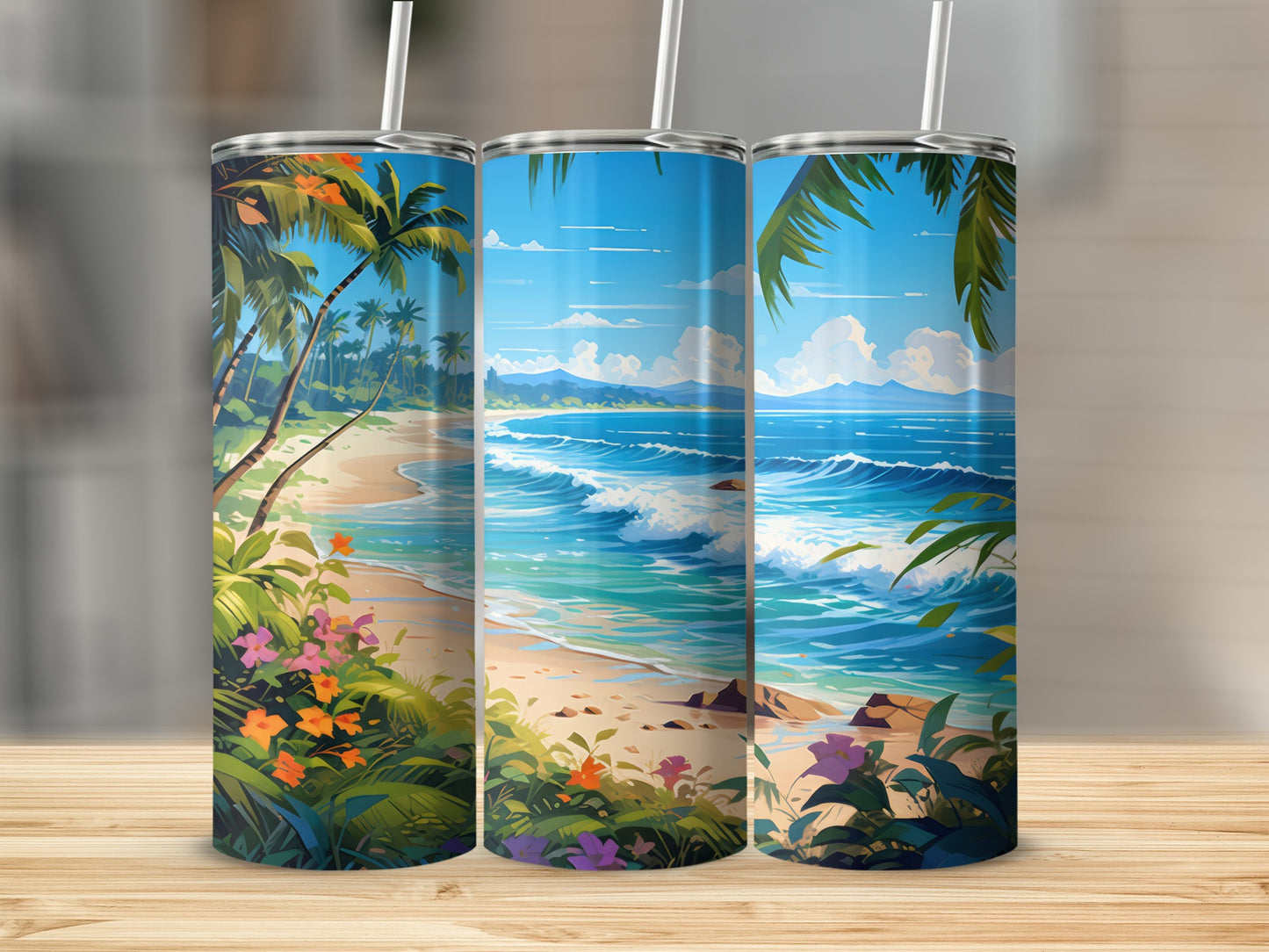 Three tumblers with a tropical beach scene and palm trees.