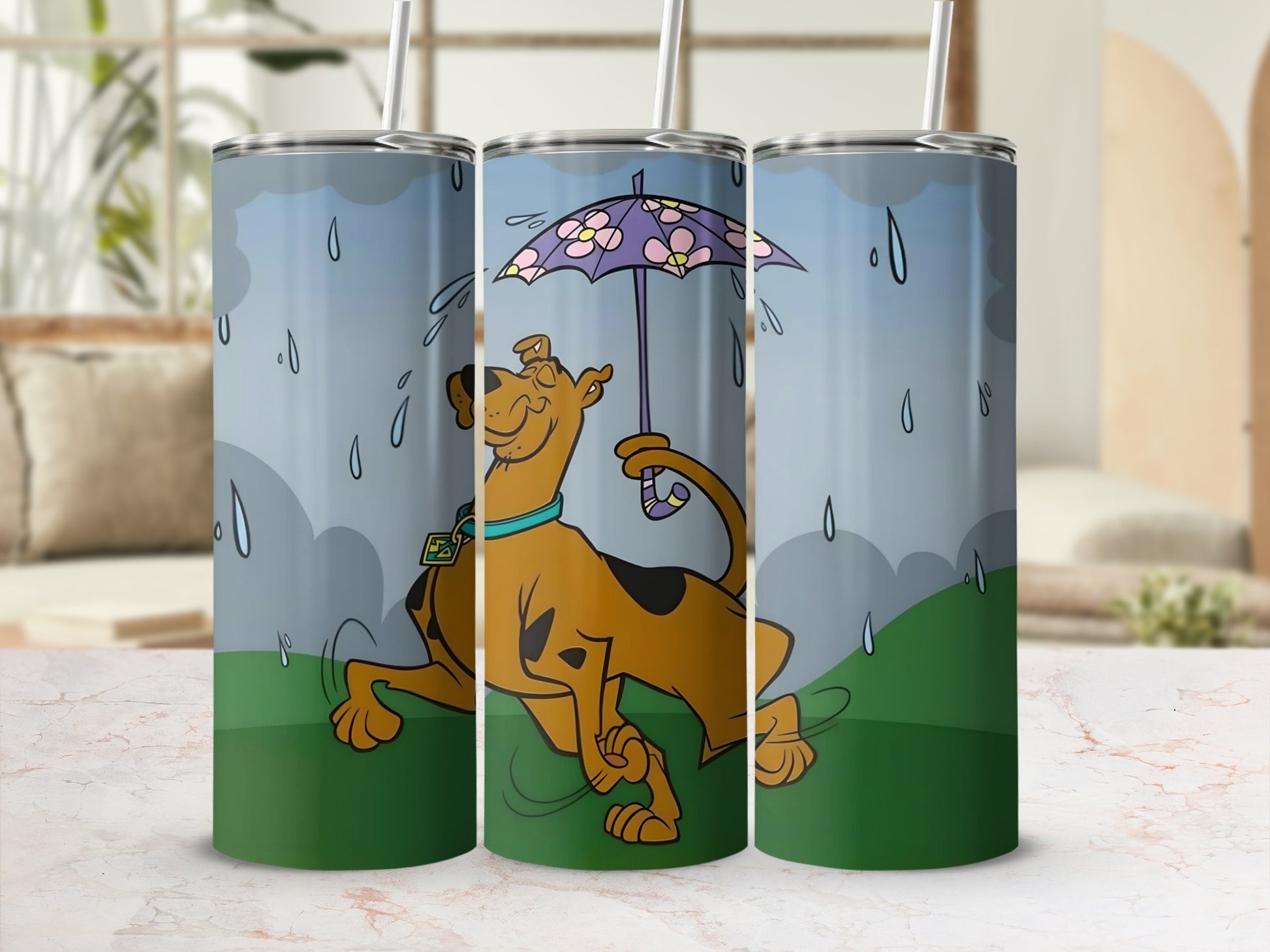 Scooby-Doo under a purple umbrella in the rain on a tumbler.