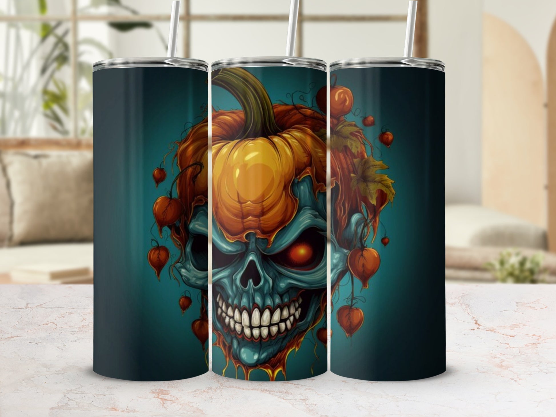 Tumbler with a spooky skull and pumpkin Halloween design.