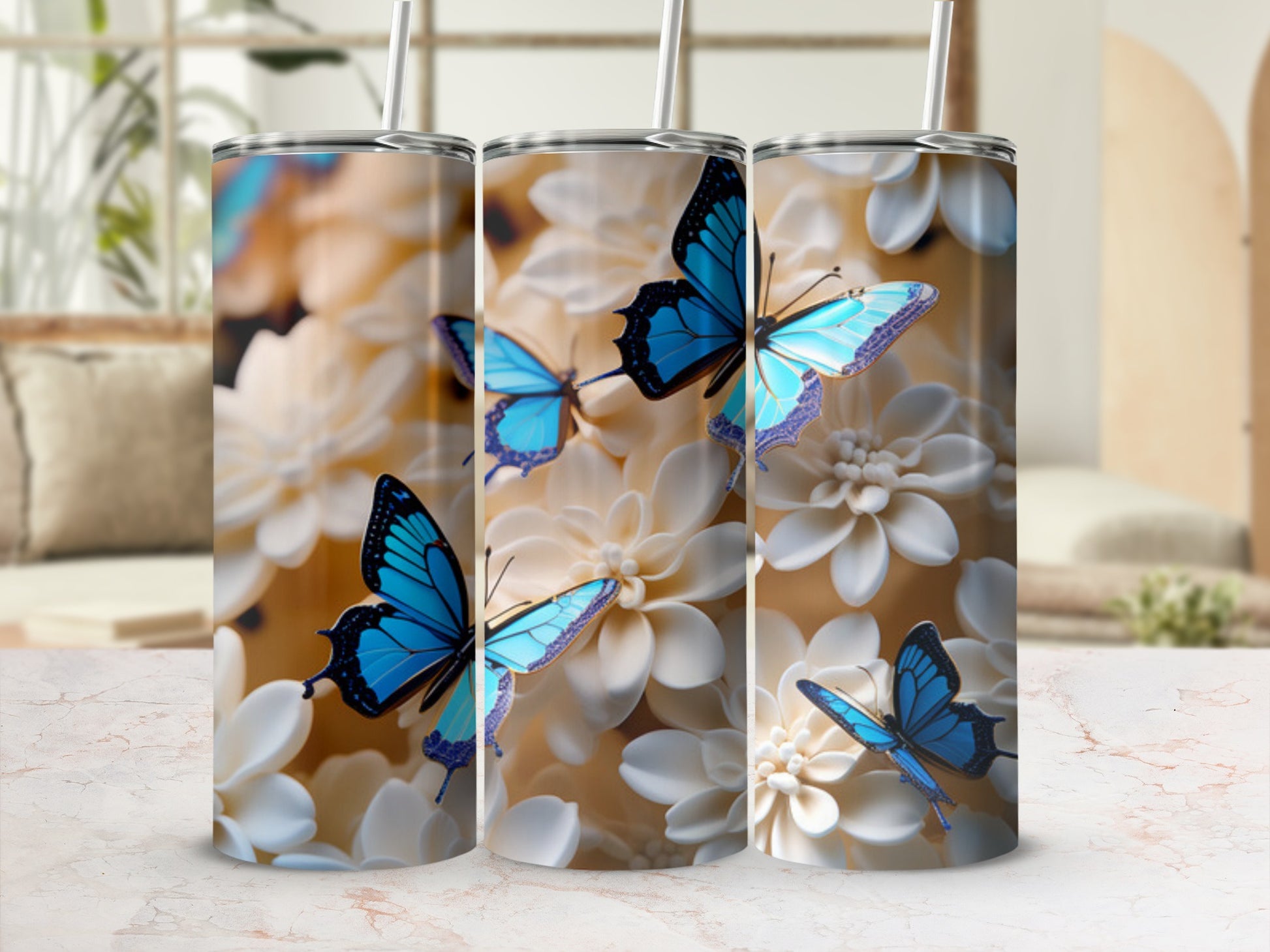 Tumbler with blue butterflies and white flowers, soft background.