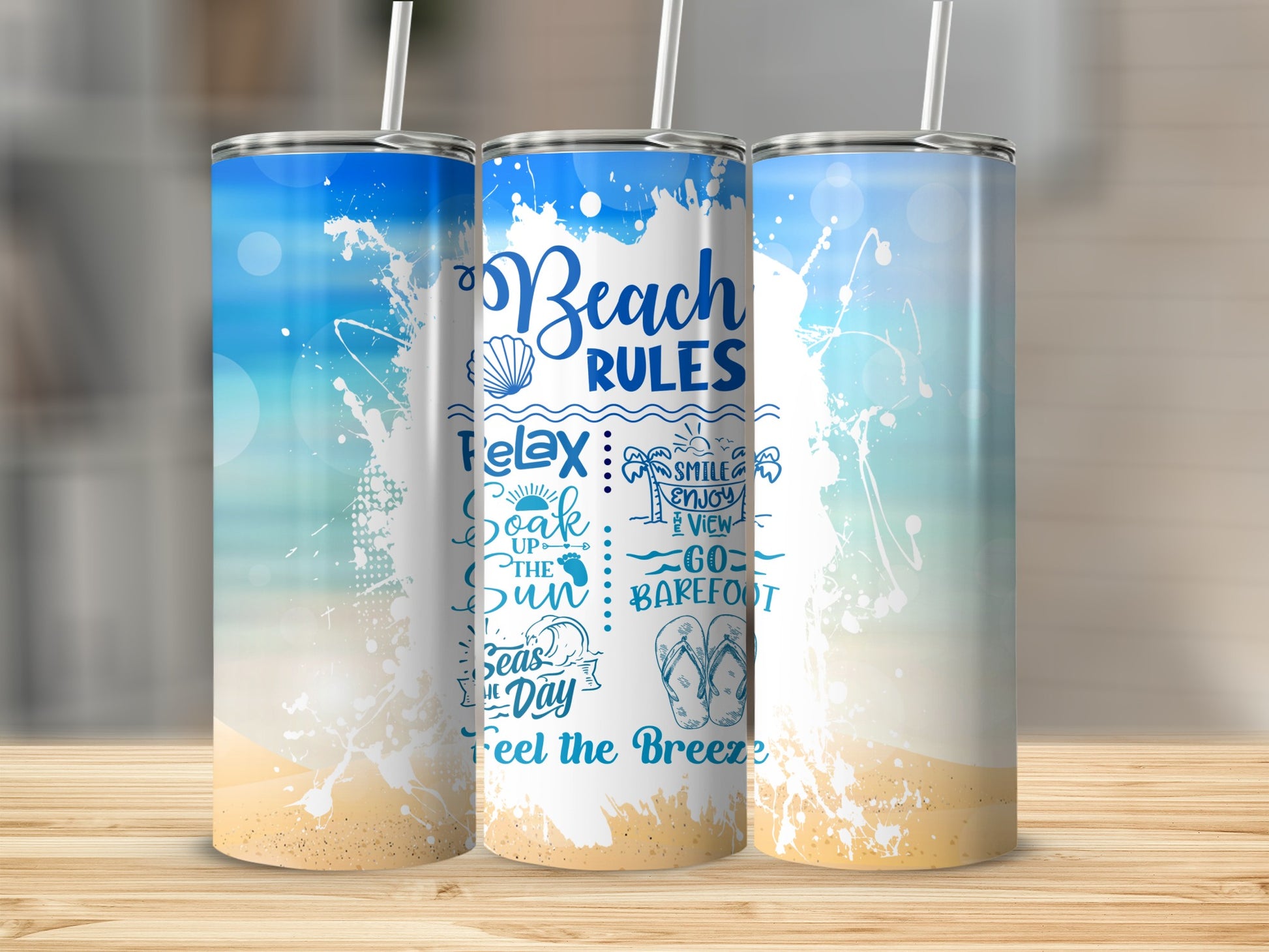 Beach Rules tumbler with beach scene and text.