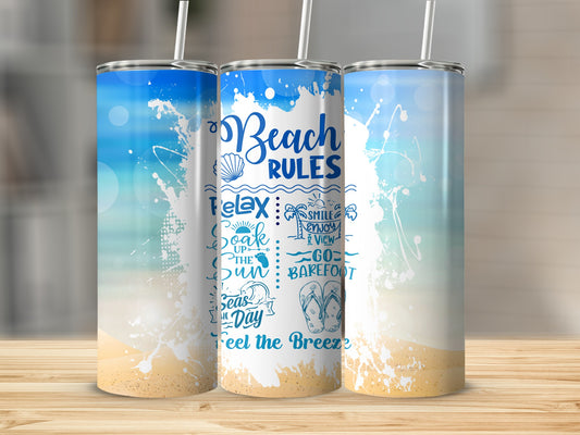 Beach Rules tumbler with beach scene and text.