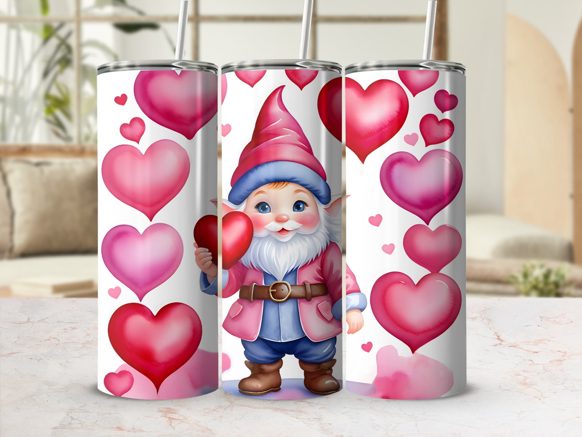 Three tumblers with a gnome holding a heart surrounded by pink hearts.