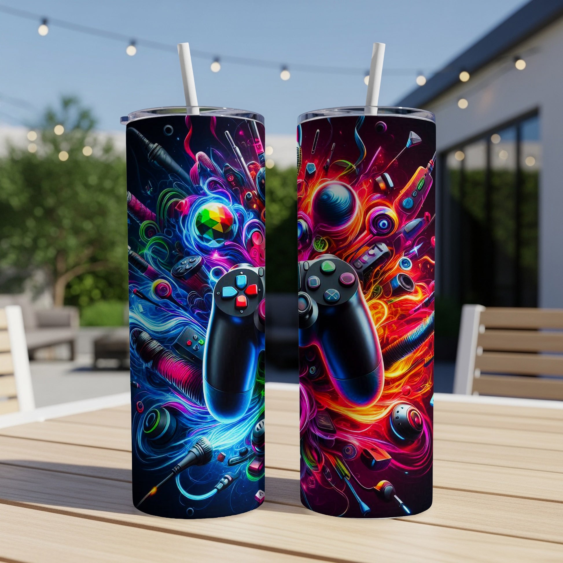 Two skinny tumblers with colorful gaming controllers and tech art.