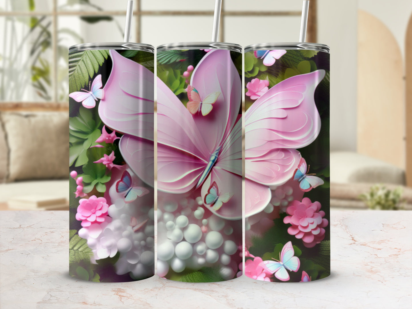 Pink butterfly on a floral tumbler with a blurred background.