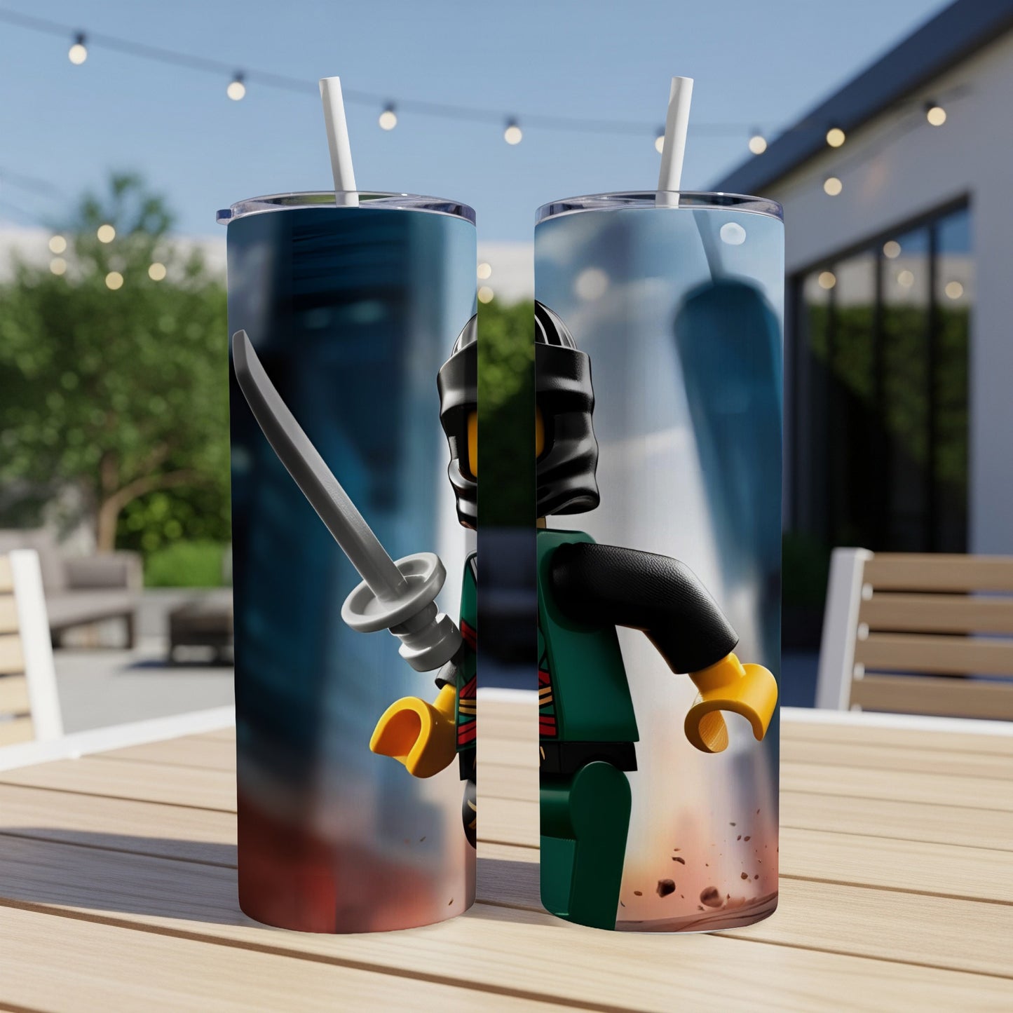 Two tumblers featuring a LEGO ninja with a sword against a city backdrop.