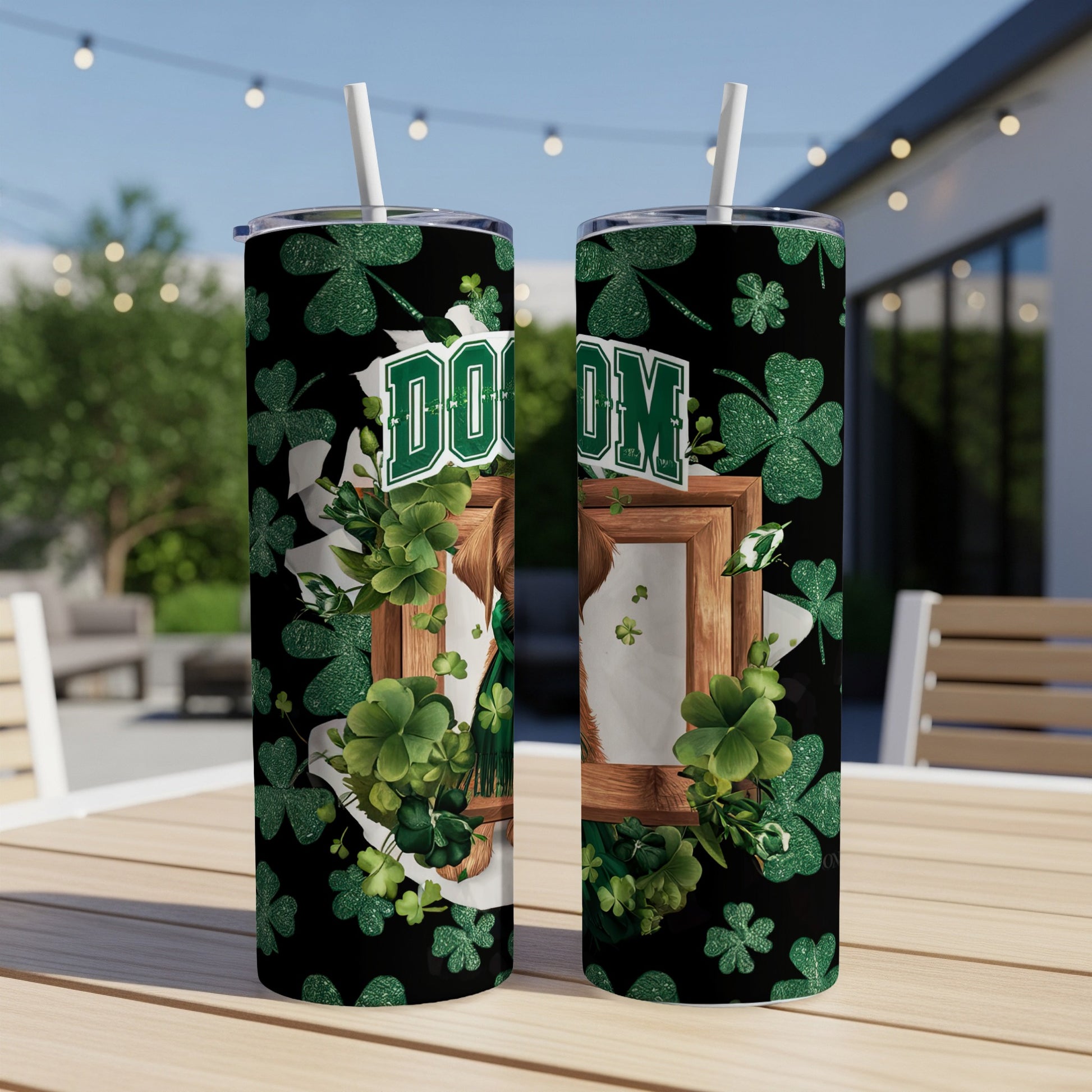 Green shamrock pattern tumbler with "DOG MOM" text and a dog's face.