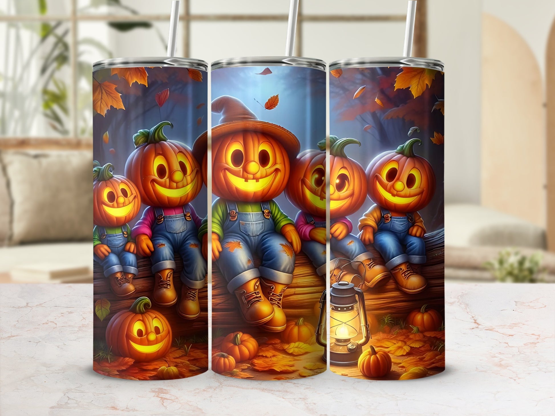 Smiling jack-o'-lanterns in overalls sit on a log with a lantern and autumn leaves.