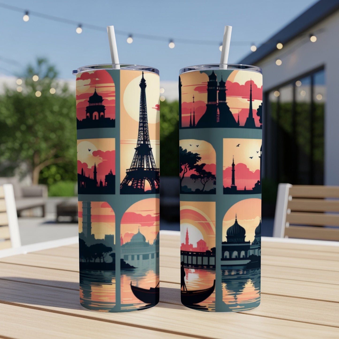 Collage of famous city landmarks in silhouette against colorful sunsets, on a tumbler.