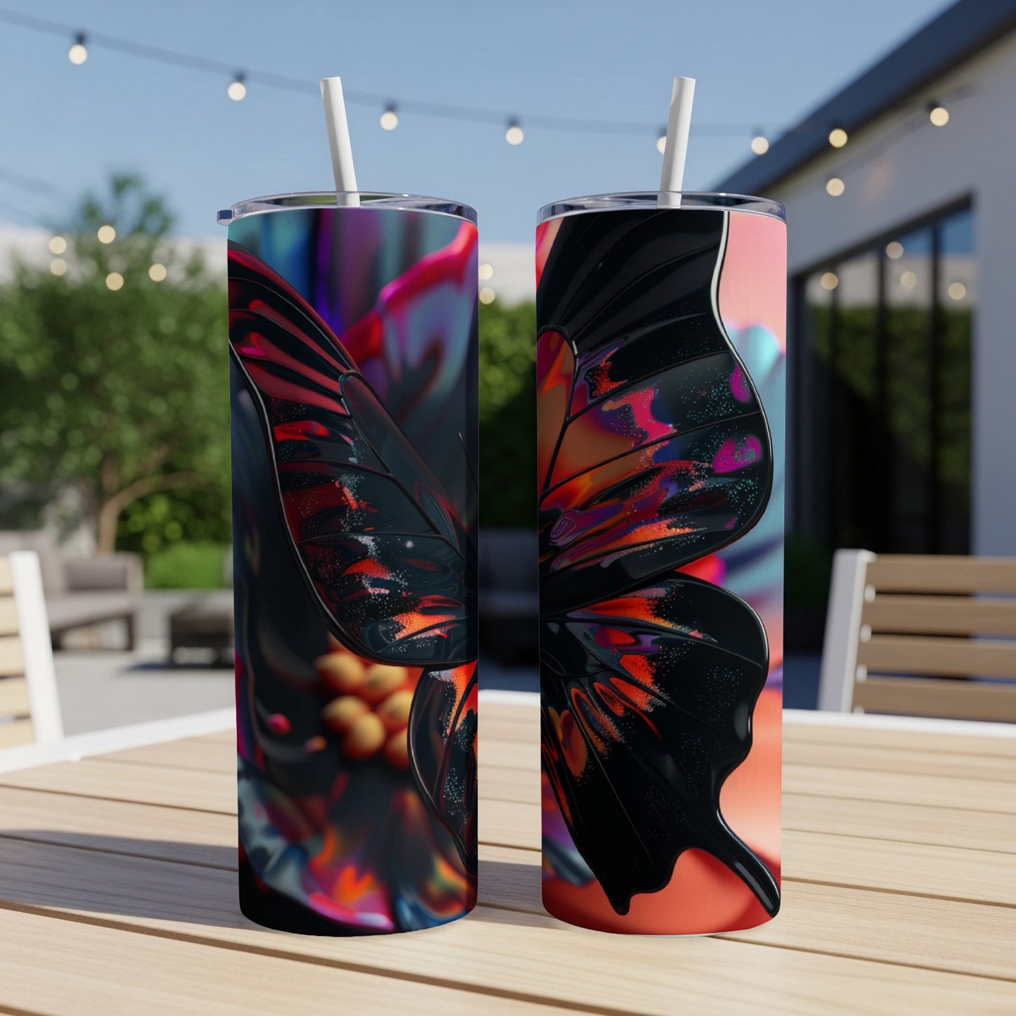 Two tall tumblers with a black and red iridescent butterfly wing design.