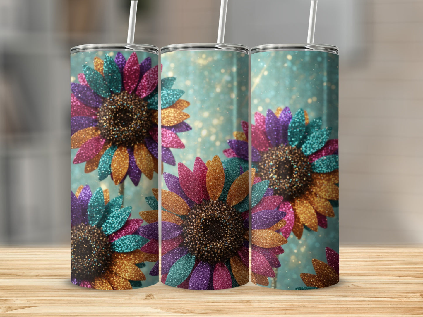 Vibrant Glitter Sunflower Design Tumblers