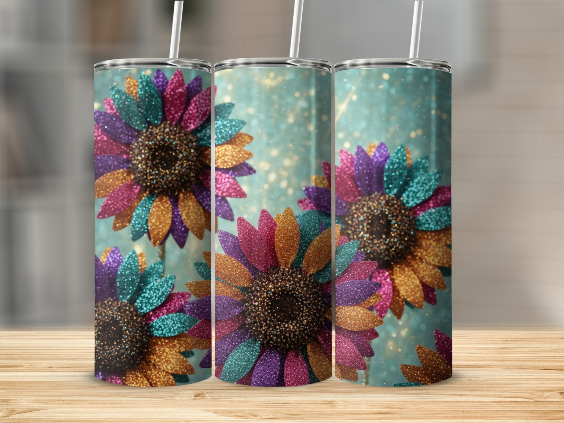 Vibrant Glitter Sunflower Design Tumblers