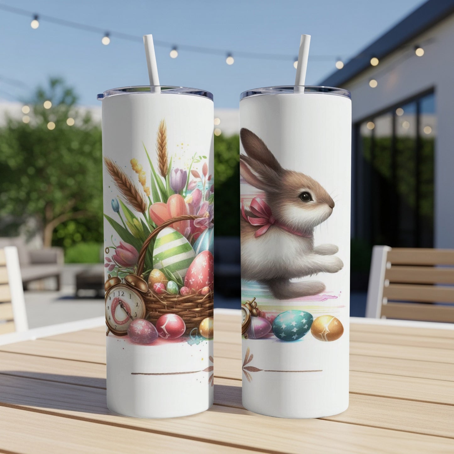 Easter bunny and basket with decorated eggs, on insulated tumblers.