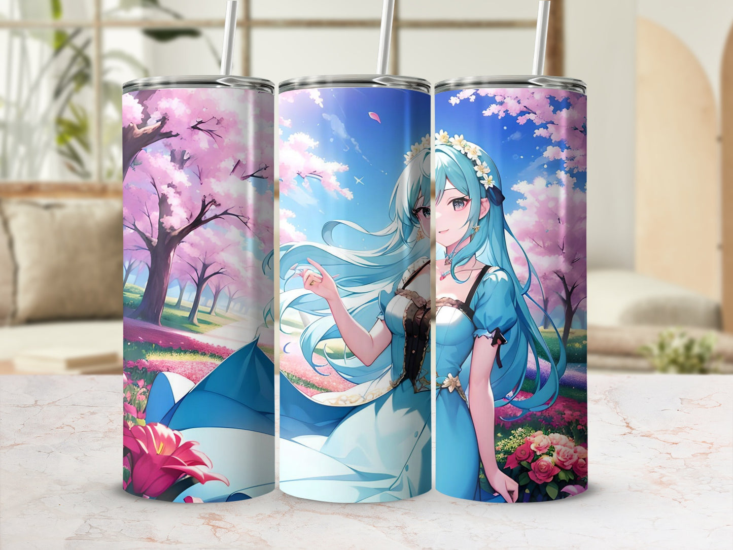 Anime-Inspired Pastel Floral Scene Tumbler Product