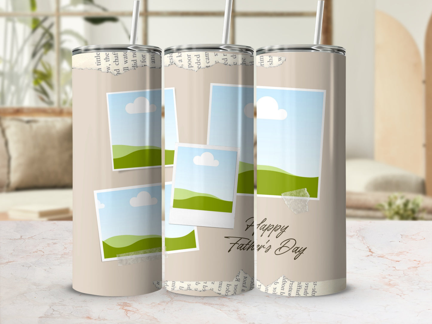Tumblers with faux photo frames and "Happy Father's Day" text.