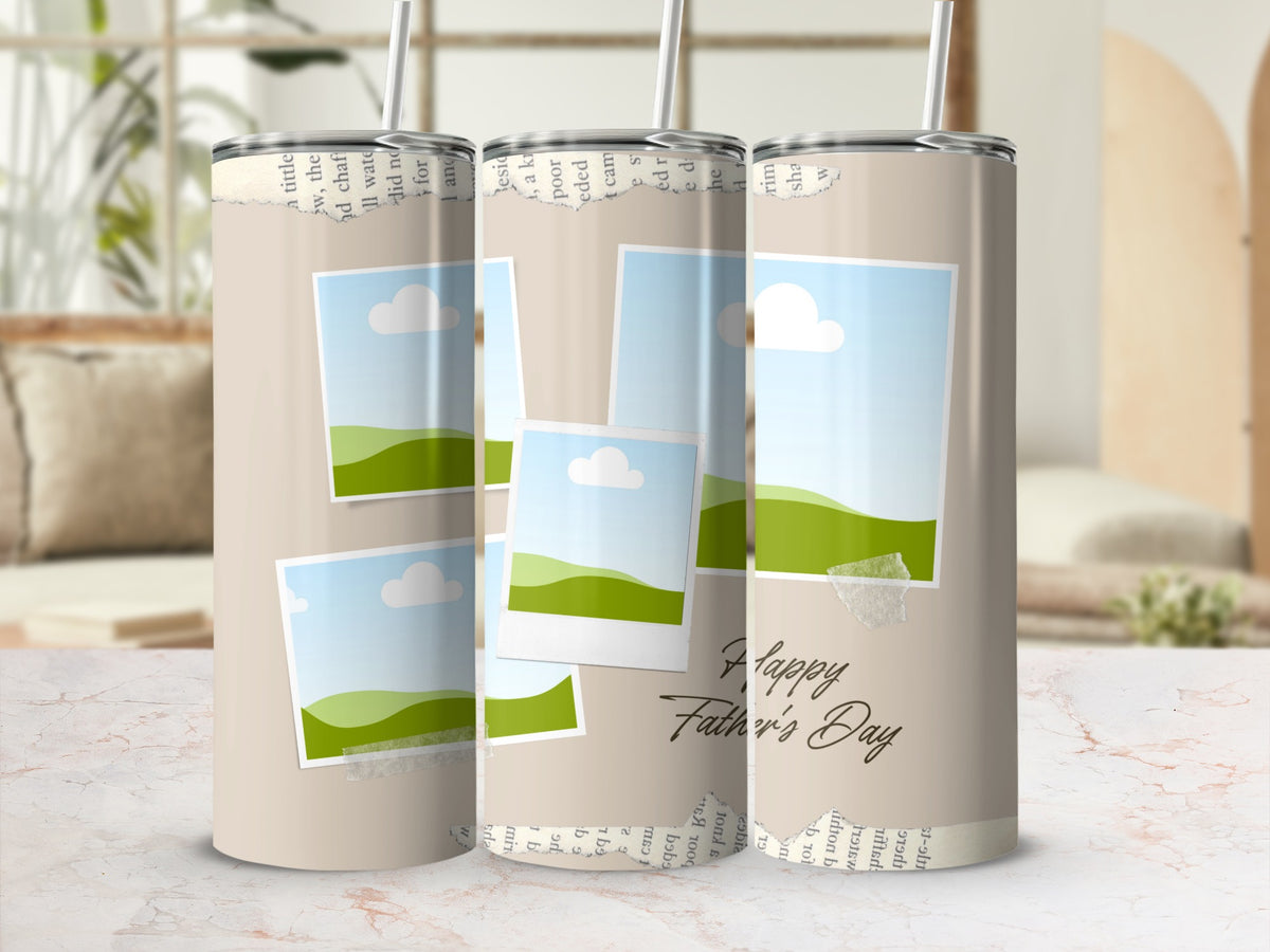 Tumblers with faux photo frames and "Happy Father's Day" text.