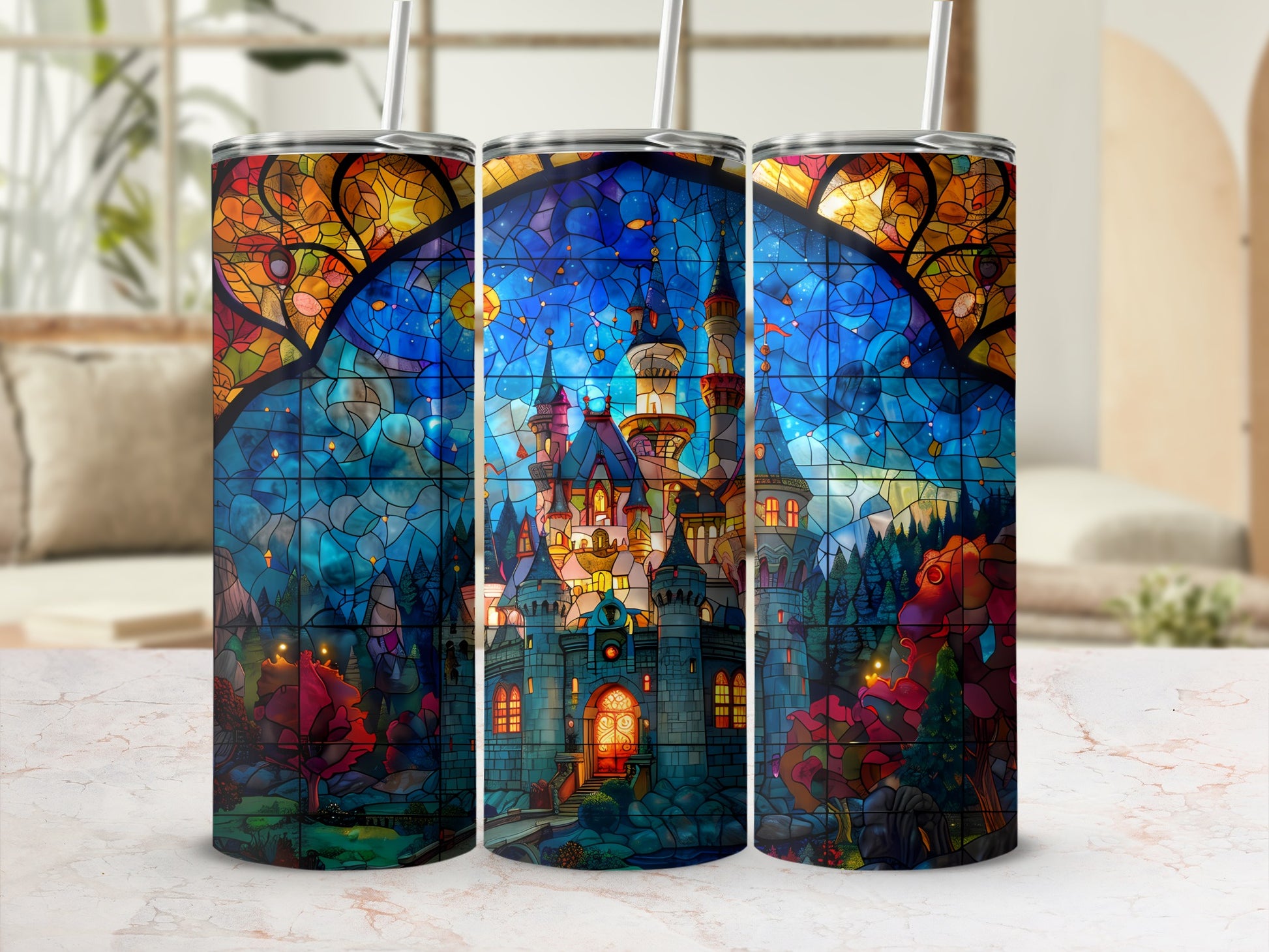 Three tumblers featuring a stained-glass castle design with colorful mosaic patterns.