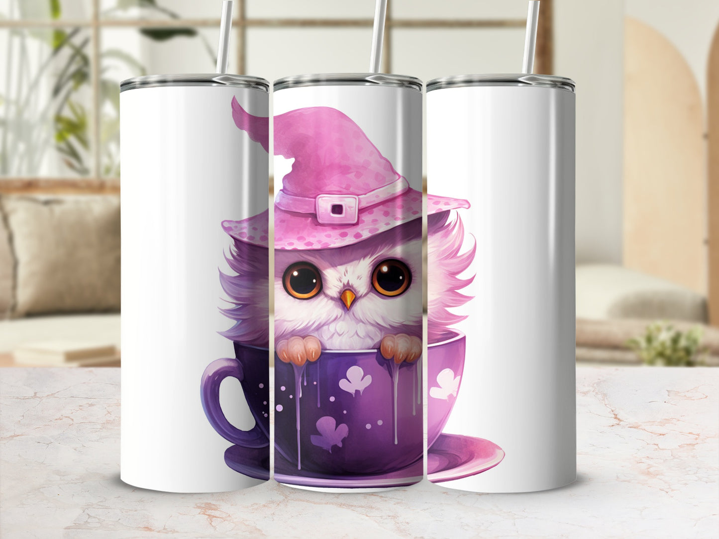 Adorable Owl Witch in Teacup Travel Tumbler