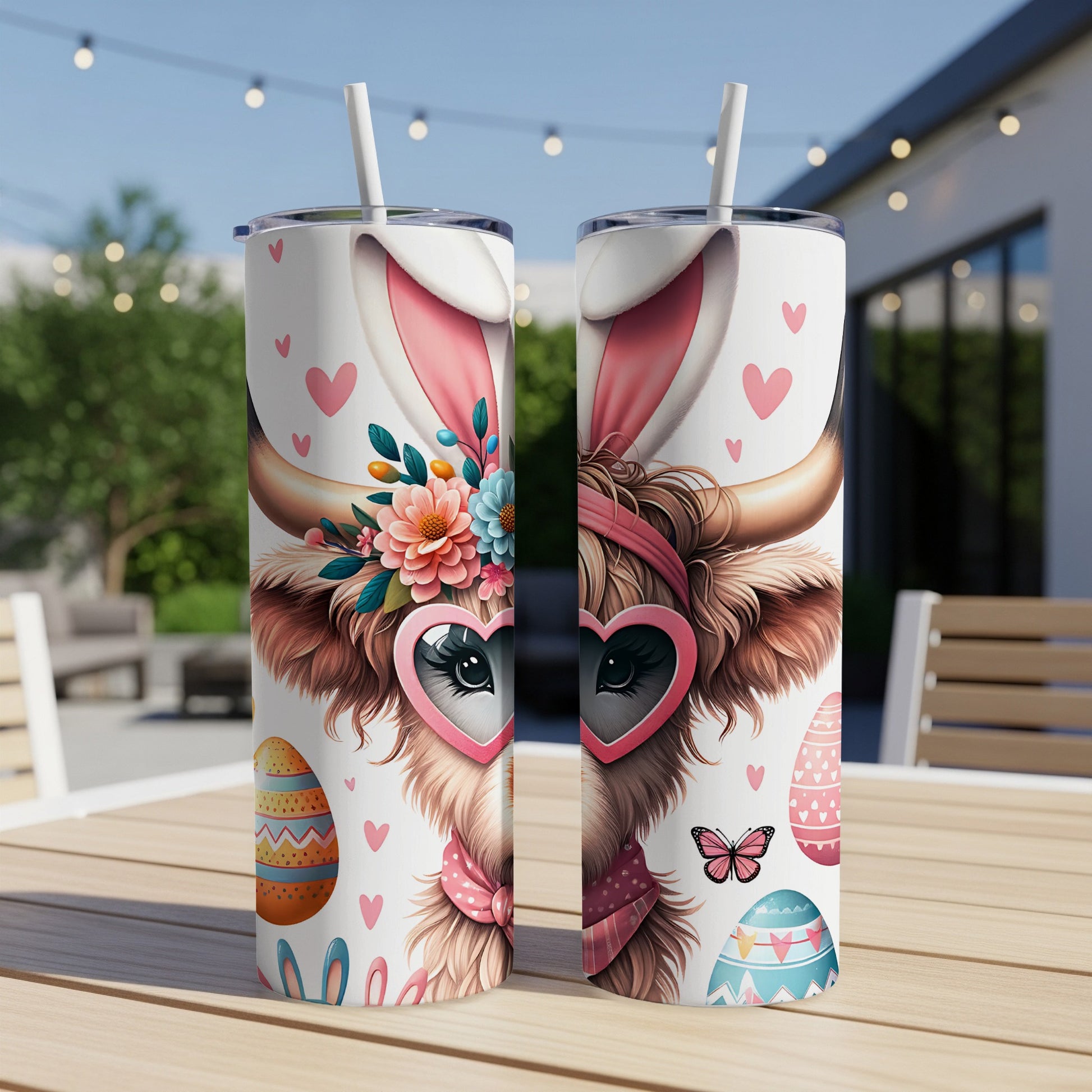 Two pastel Easter-themed tumblers with a cow wearing bunny ears and heart sunglasses.
