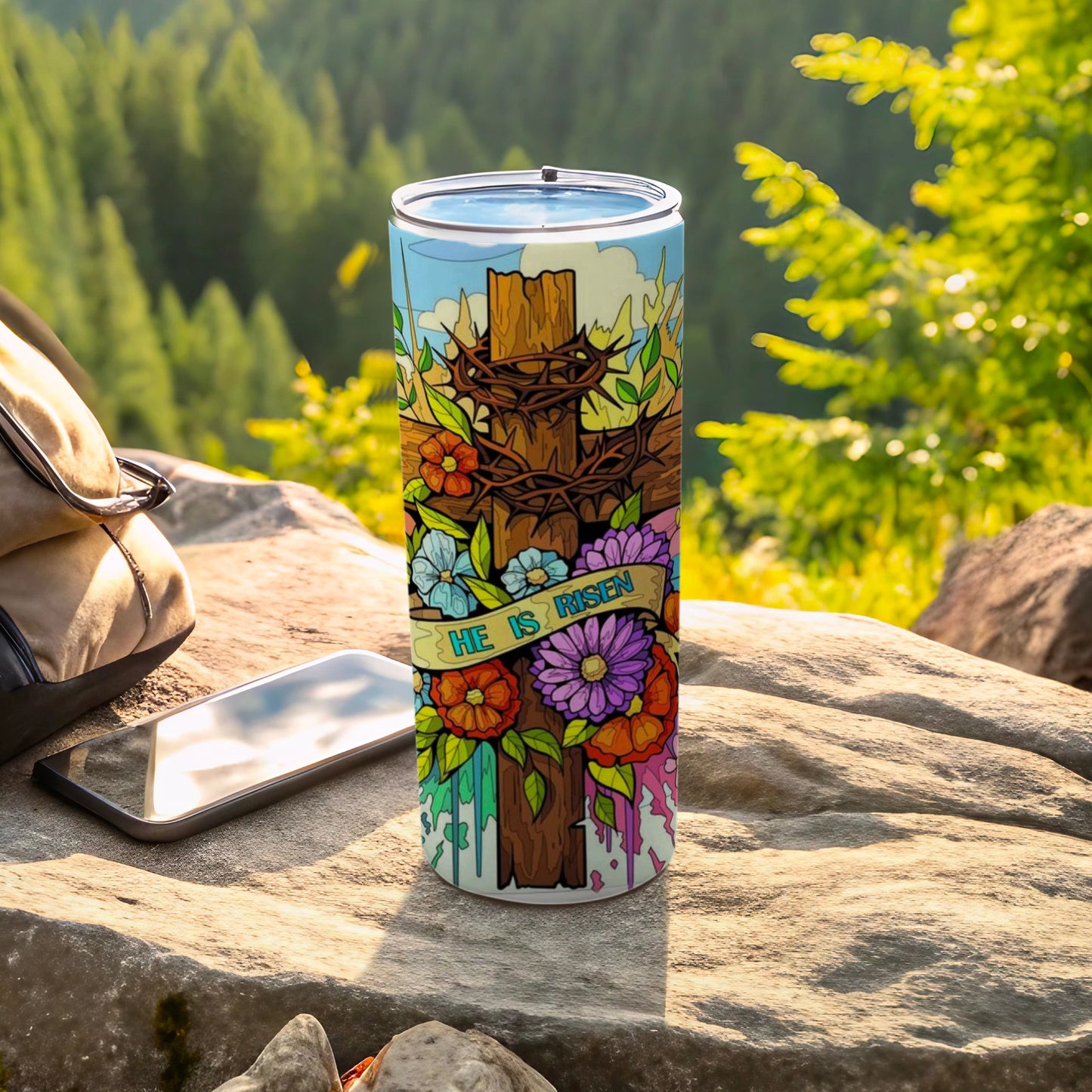 He Is Risen Colorful Floral Design Tumbler