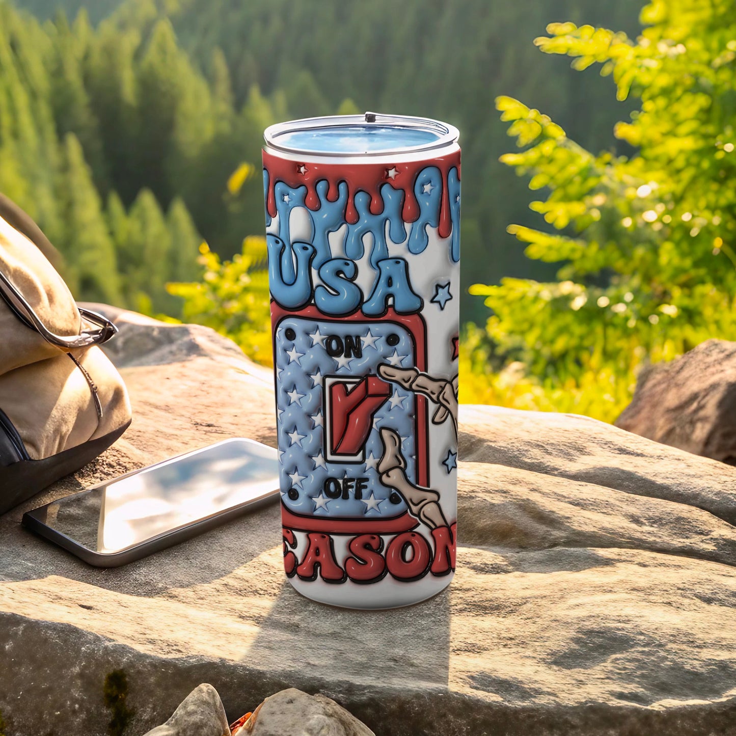 USA themed tumbler with "on the 4th of July" text and skeleton hand graphics.