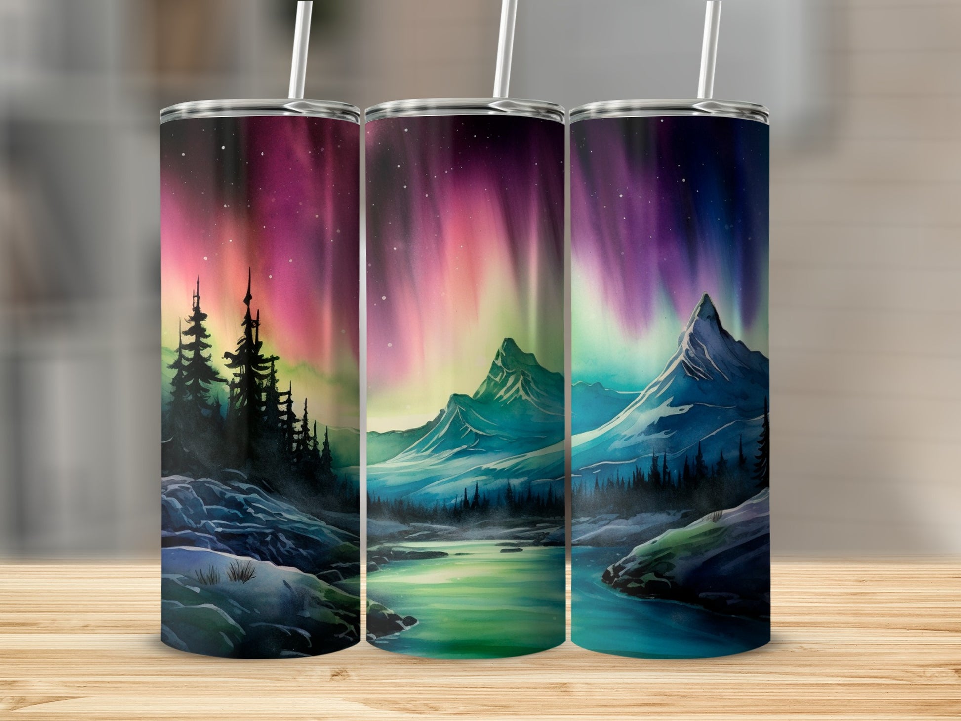 Northern Lights Mountain Landscape Stainless Steel Tumbler