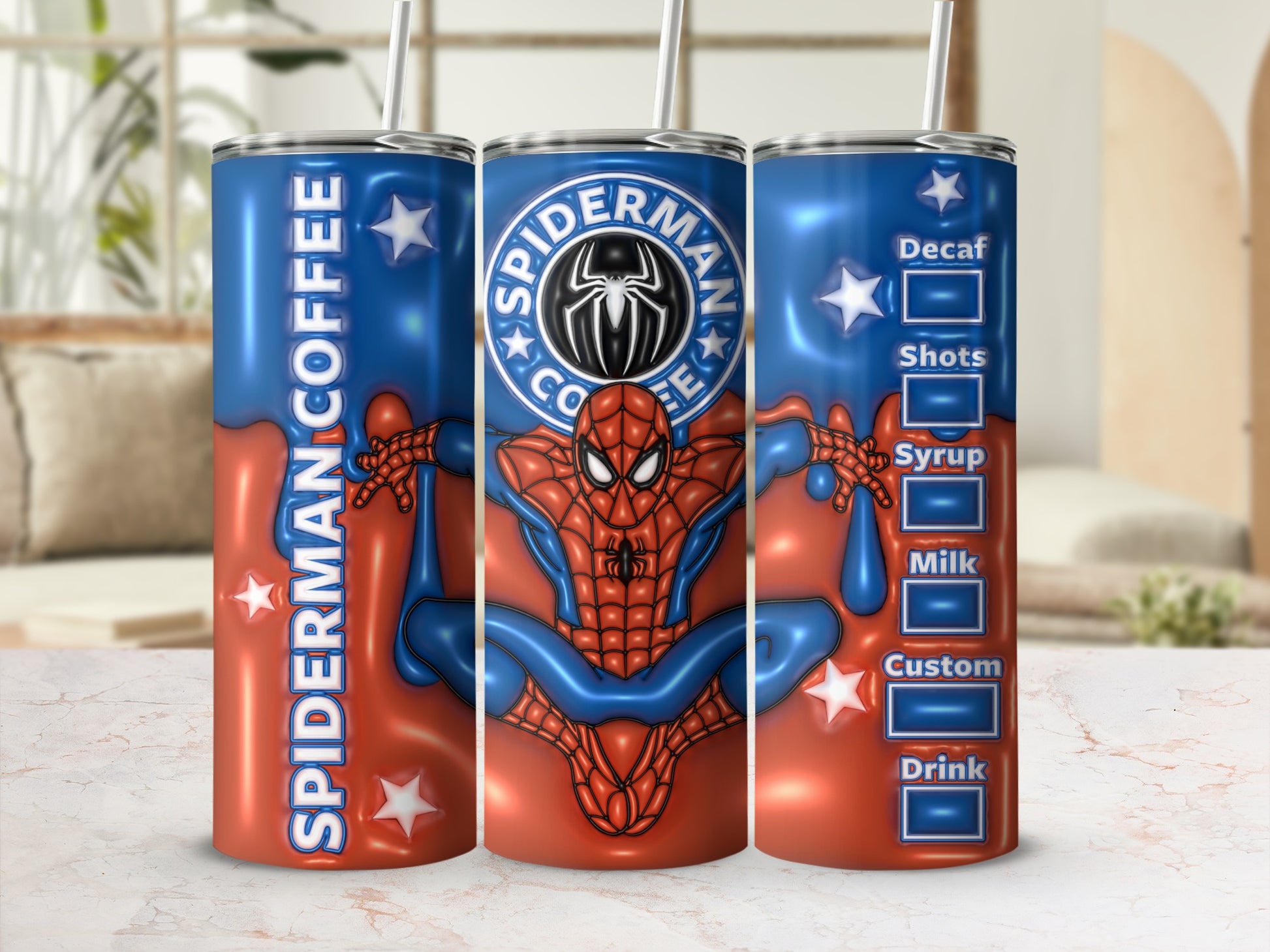 SPIDERMAN COFFEE TUMBLER CUSTOMIZABLE DRINK OPTIONS
