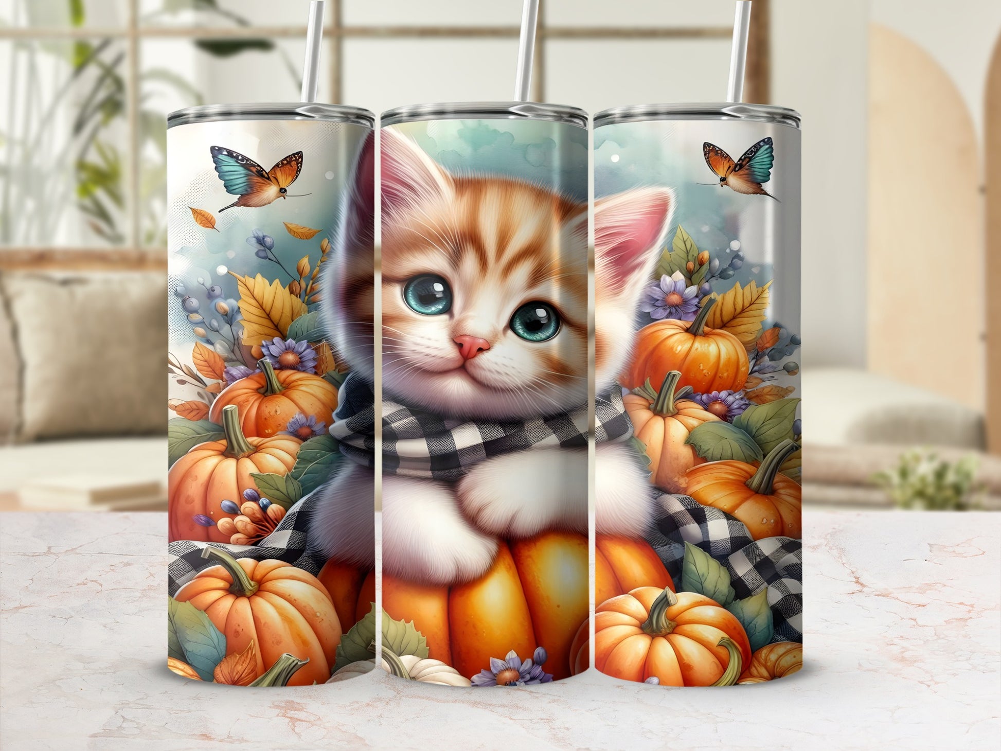 Kitten in plaid scarf with pumpkins and butterflies, fall design.