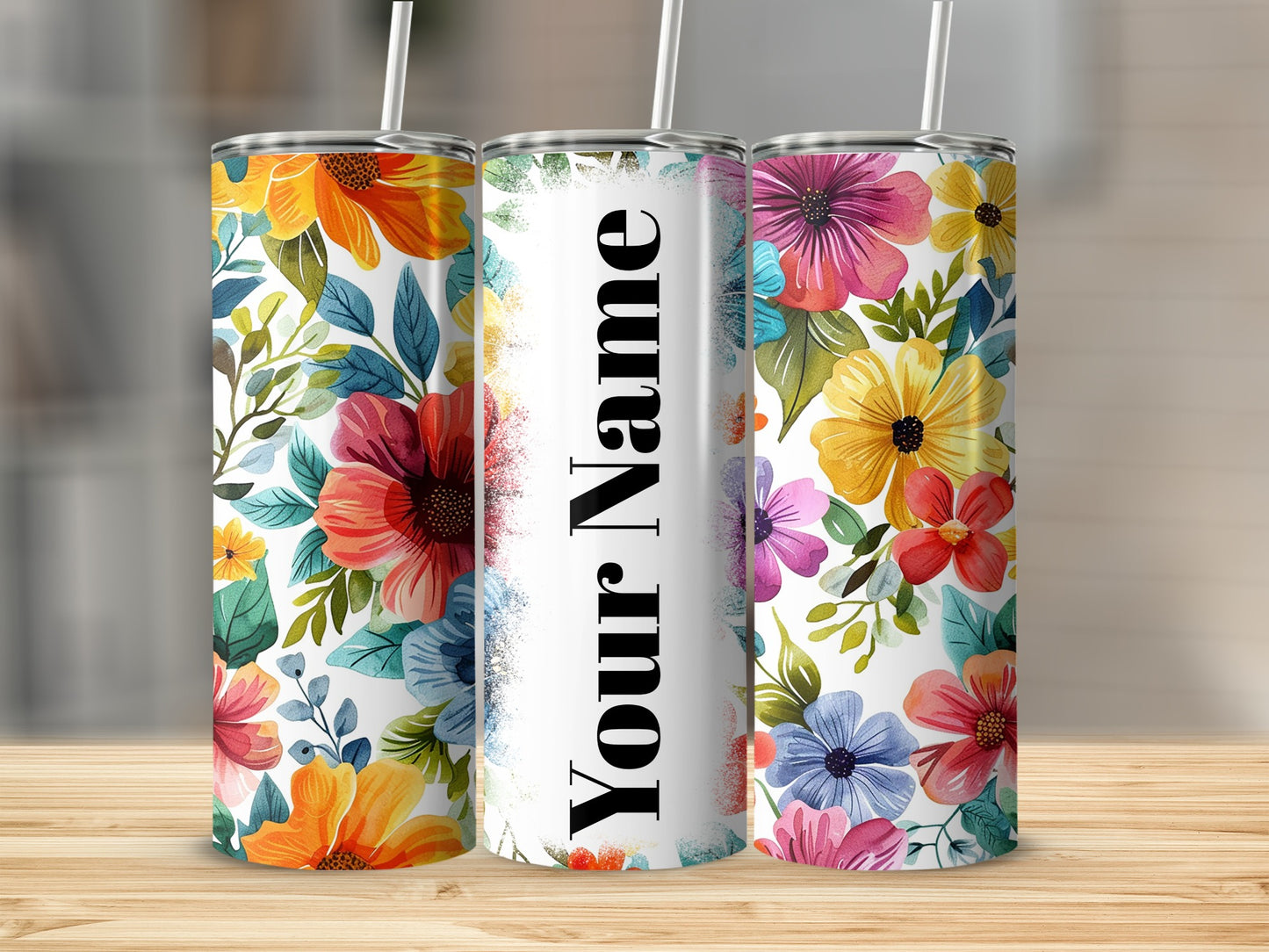 Personalized Colorful Floral Print Tumbler with Straw