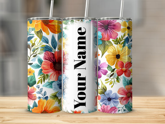 Personalized Colorful Floral Print Tumbler with Straw