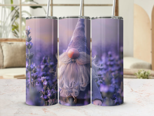 Tumbler with gnome and lavender field design.